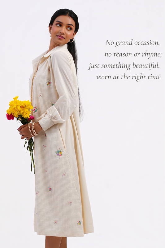 Pressed Rose Pure Mulmul Dress (Ivory)