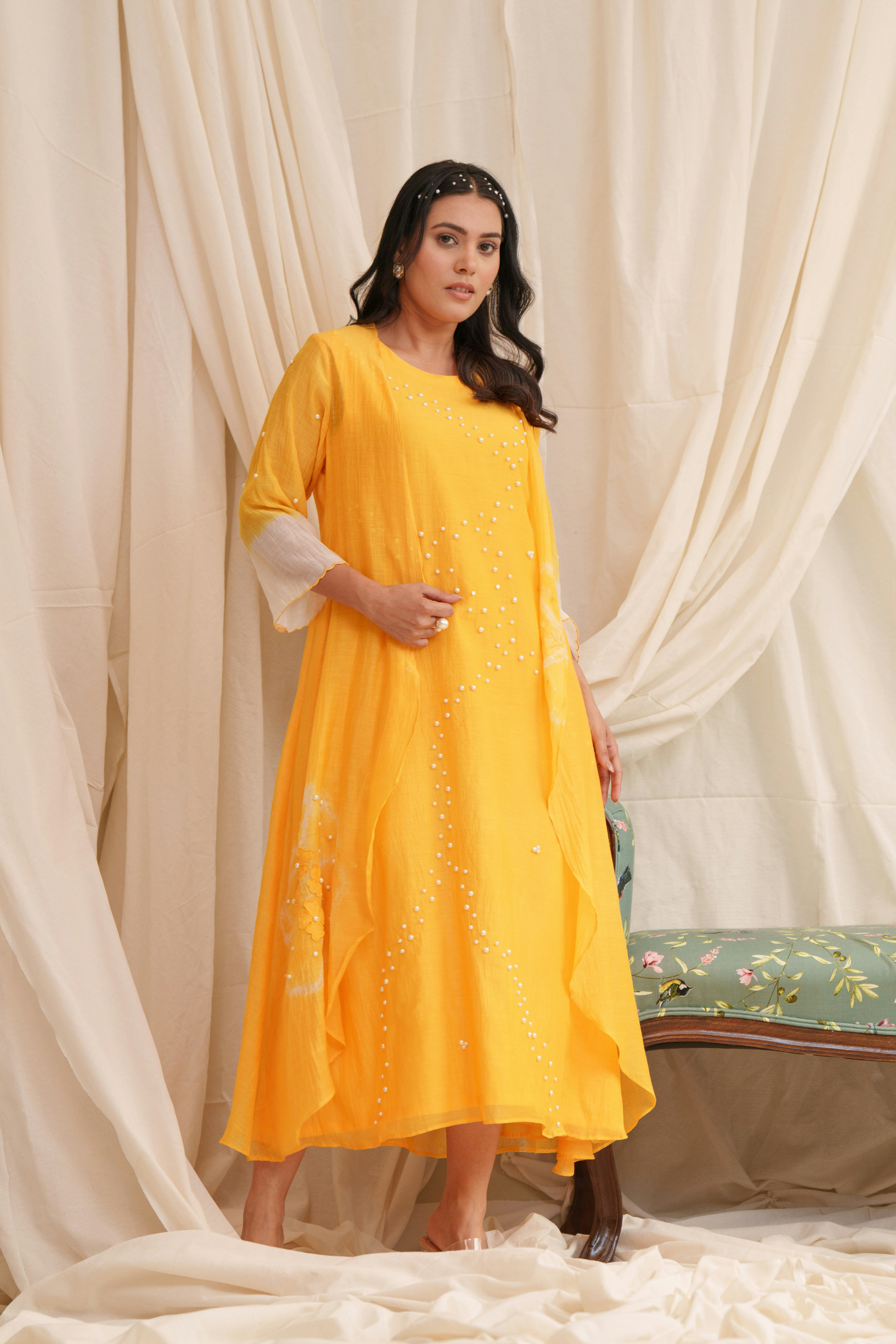 chanderi cotton dress Haiku (Yellow) Mul Chanderi Dress M