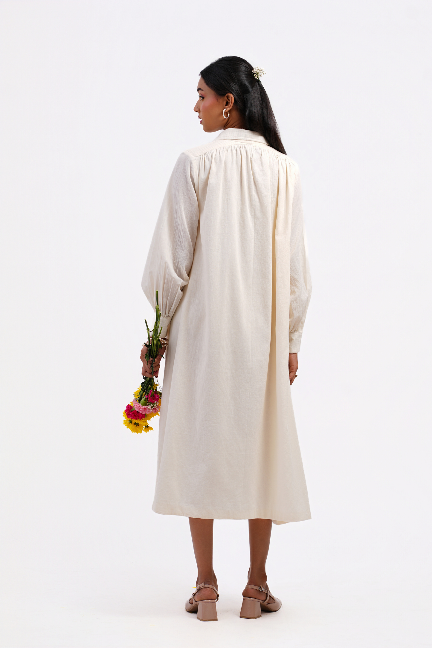 Pressed Rose Pure Mulmul Dress (Ivory)