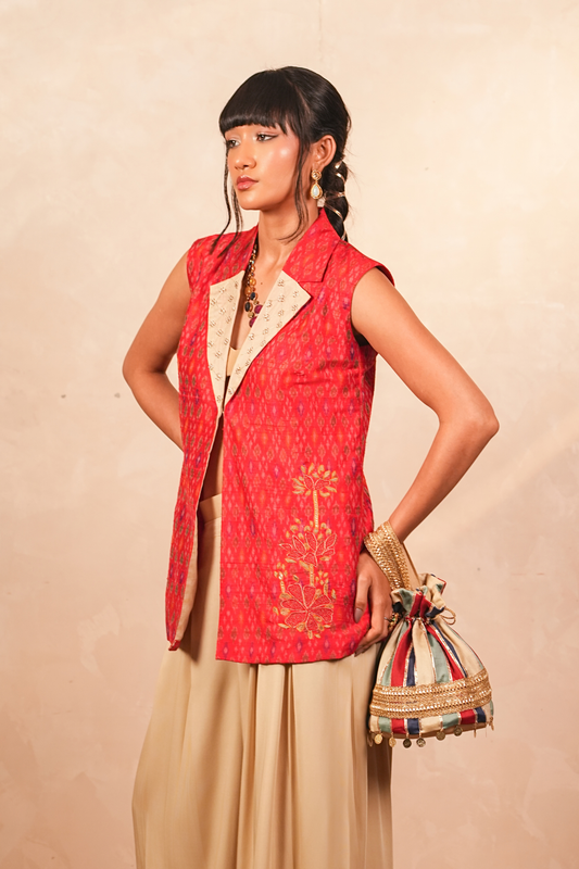 Parijaat Ikat Jacket & Pants Co-Ord Set (Red)