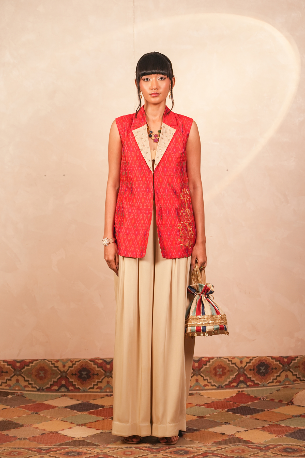 Parijaat Ikat Jacket & Pants Co-Ord Set (Red)