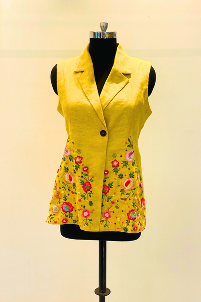 Yellow Pure Linen Sleeveless Jacket