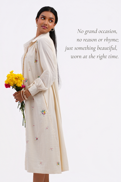 Pressed Rose Pure Mulmul Dress (Ivory)