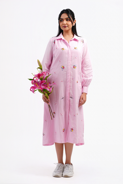 Pressed Rose Pure Mulmul Dress (Pink)