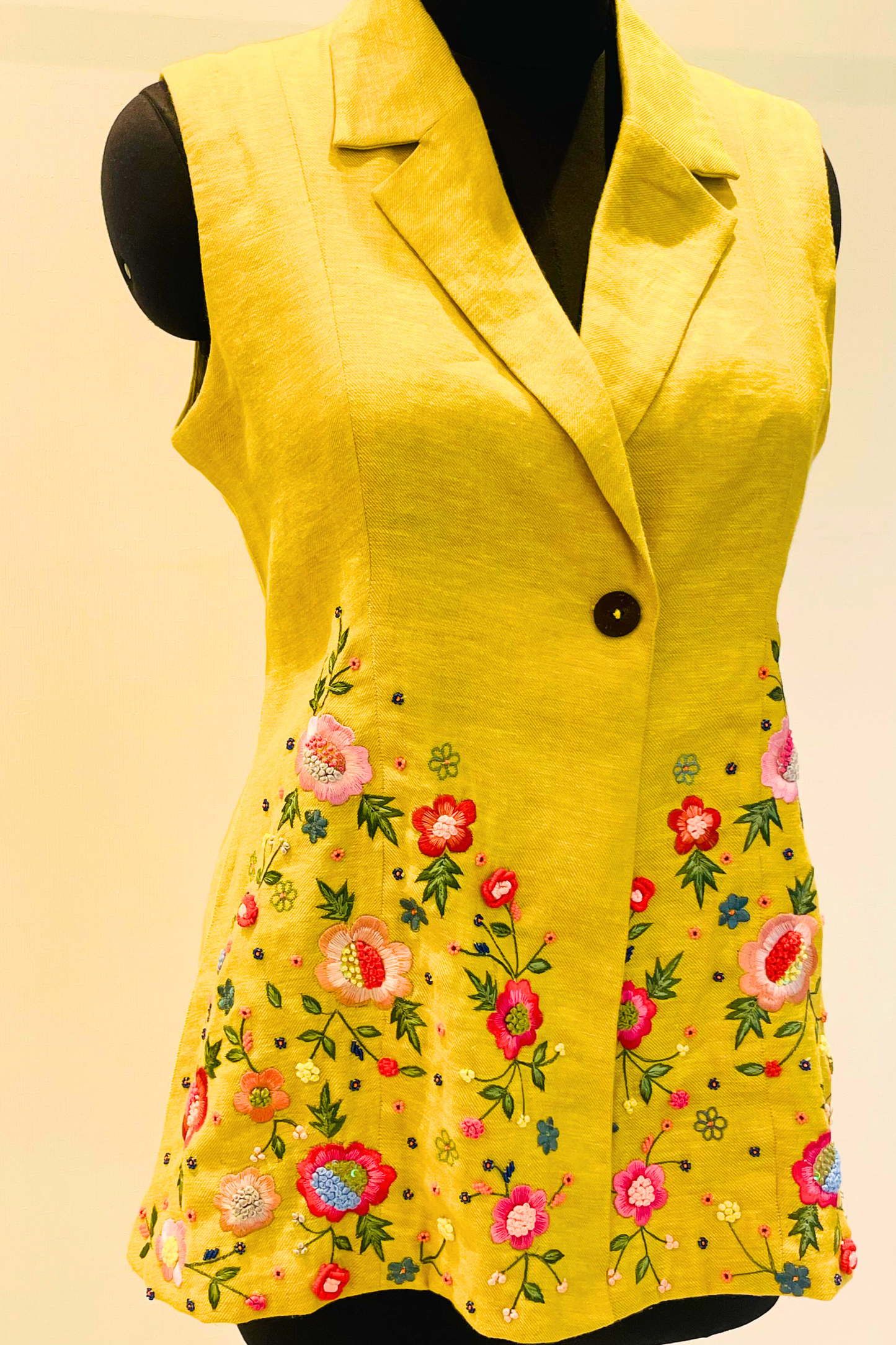 Yellow Pure Linen Sleeveless Jacket
