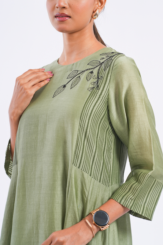 Margin Handloom Chanderi Dress (Sage)