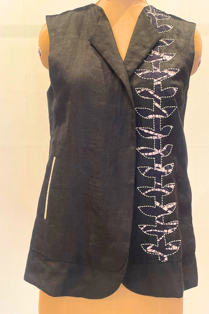 Black Pure Linen Sleeveless Jacket