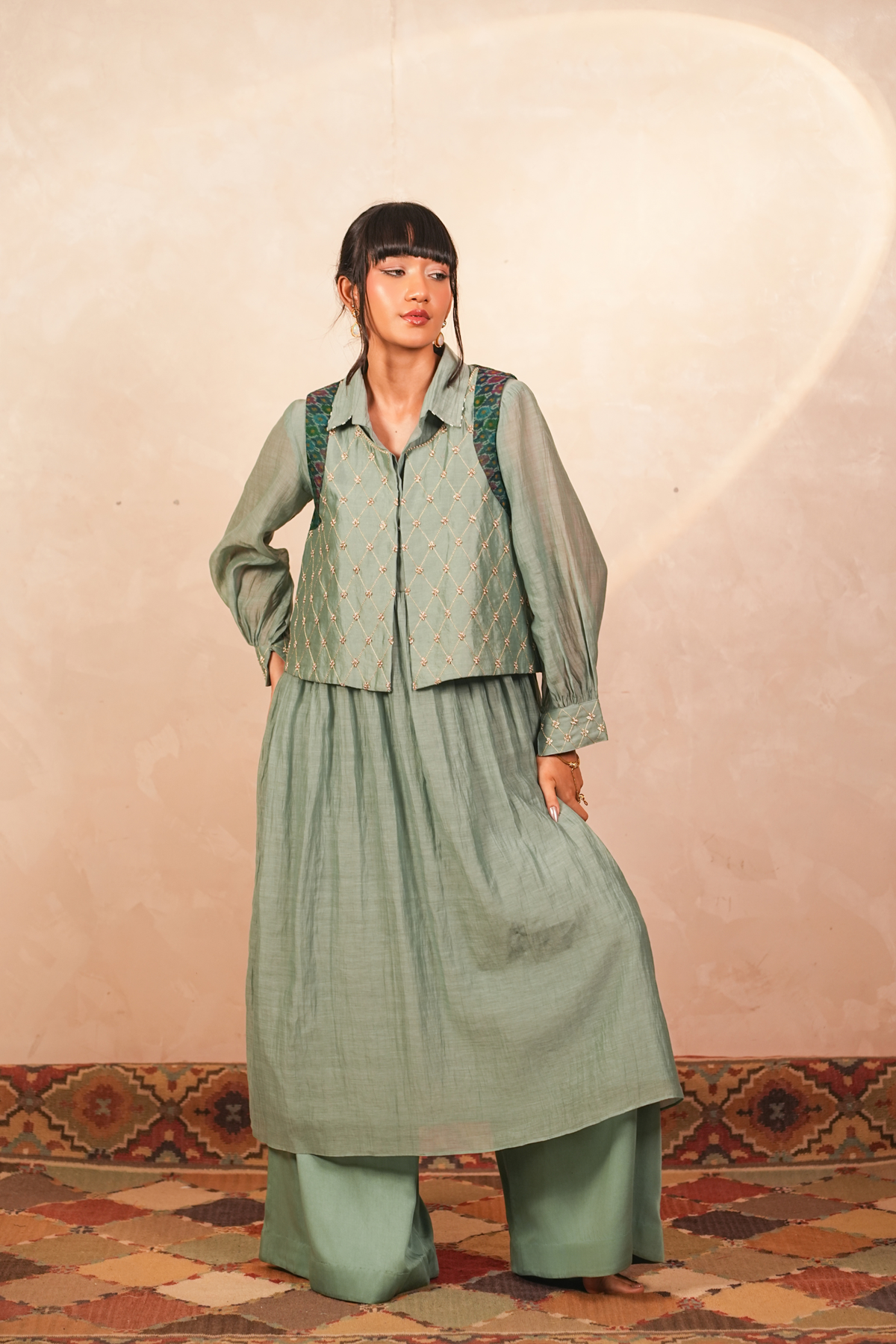 Chandni Chanderi Jacket and Kurta set (Teal)