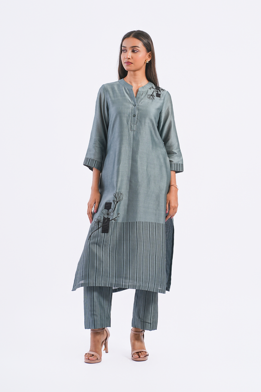 Monologue Handloom Chanderi Kurta (Slate Blue)