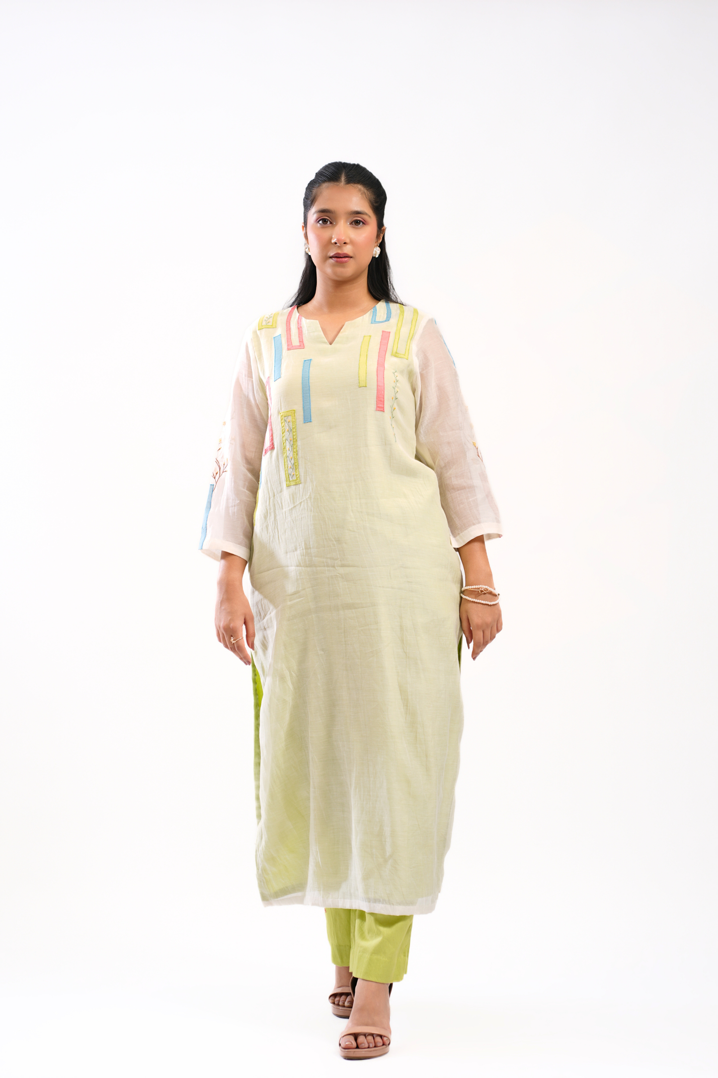 Lime Sketch Mul Chanderi Kurta