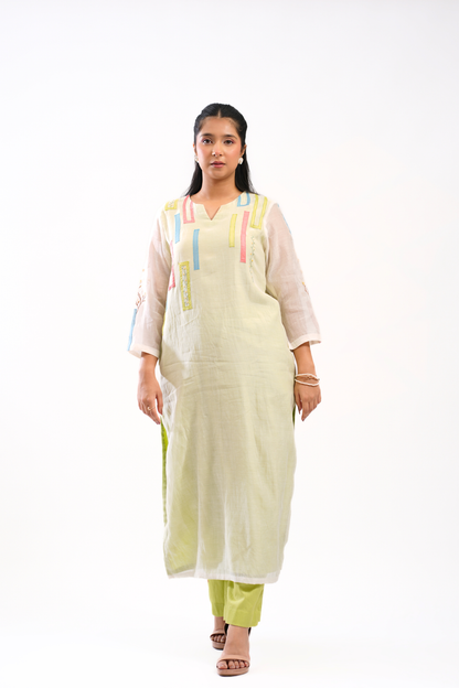 Lime Sketch Mul Chanderi Kurta
