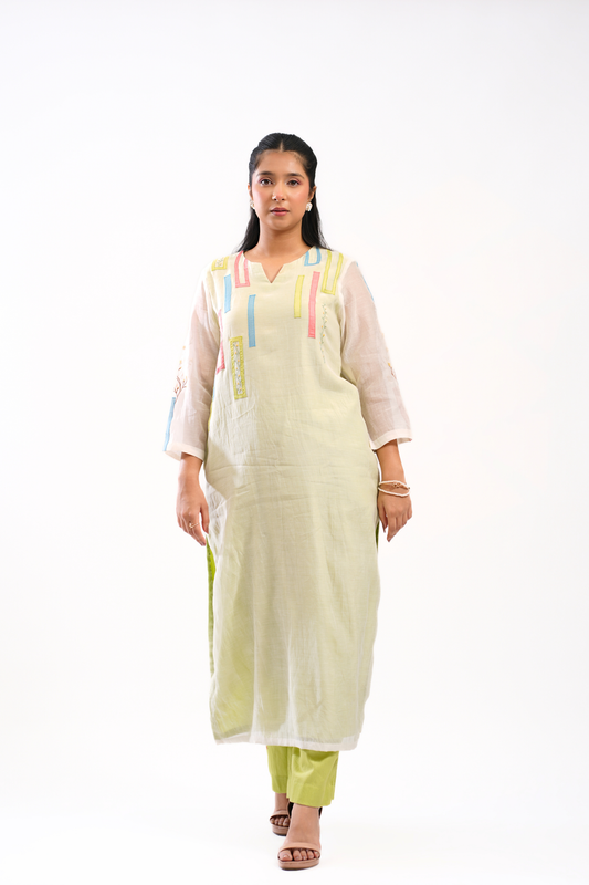 Lime Sketch Mul Chanderi Kurta