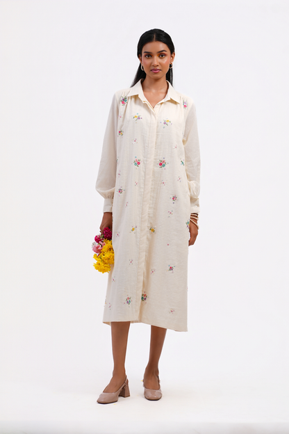 Pressed Rose Pure Mulmul Dress (Ivory)