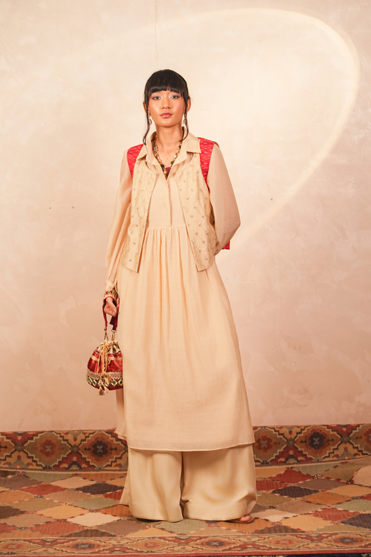 Chandni Silk Chanderi and Ikat Jacket (Beige)