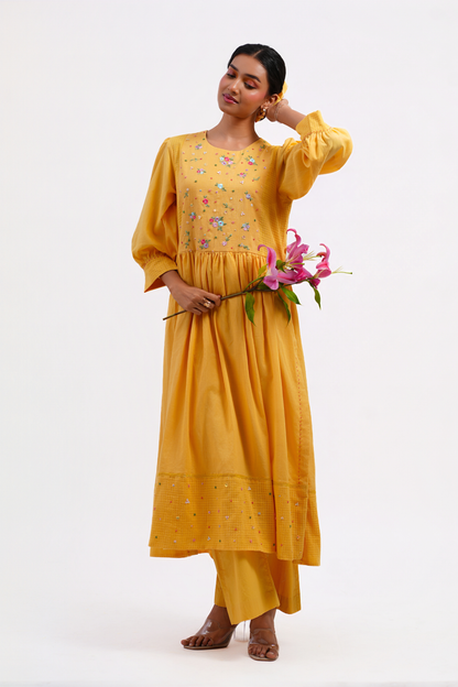 Iris Pure Mulmul High Slit Kurta (Yellow)