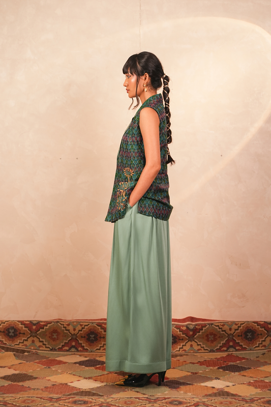 Parijaat Ikat Jacket & Pants Co-Ord Set (Teal)