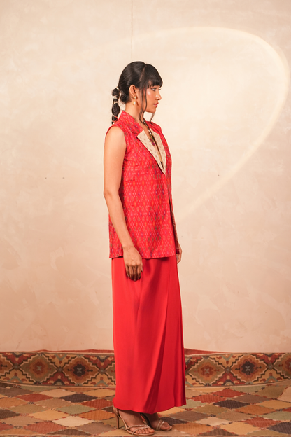 Parijaat Ikat Jacket & Drape Skirt Co-Ord Set (Red)