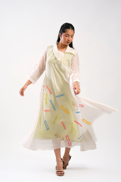 Lime Spill Mul Chanderi Dress