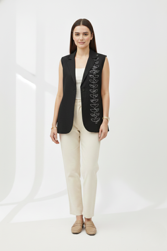 Black Pure Linen Sleeveless Jacket