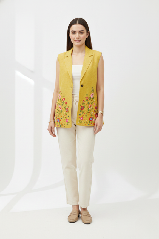 Yellow Pure Linen Sleeveless Jacket