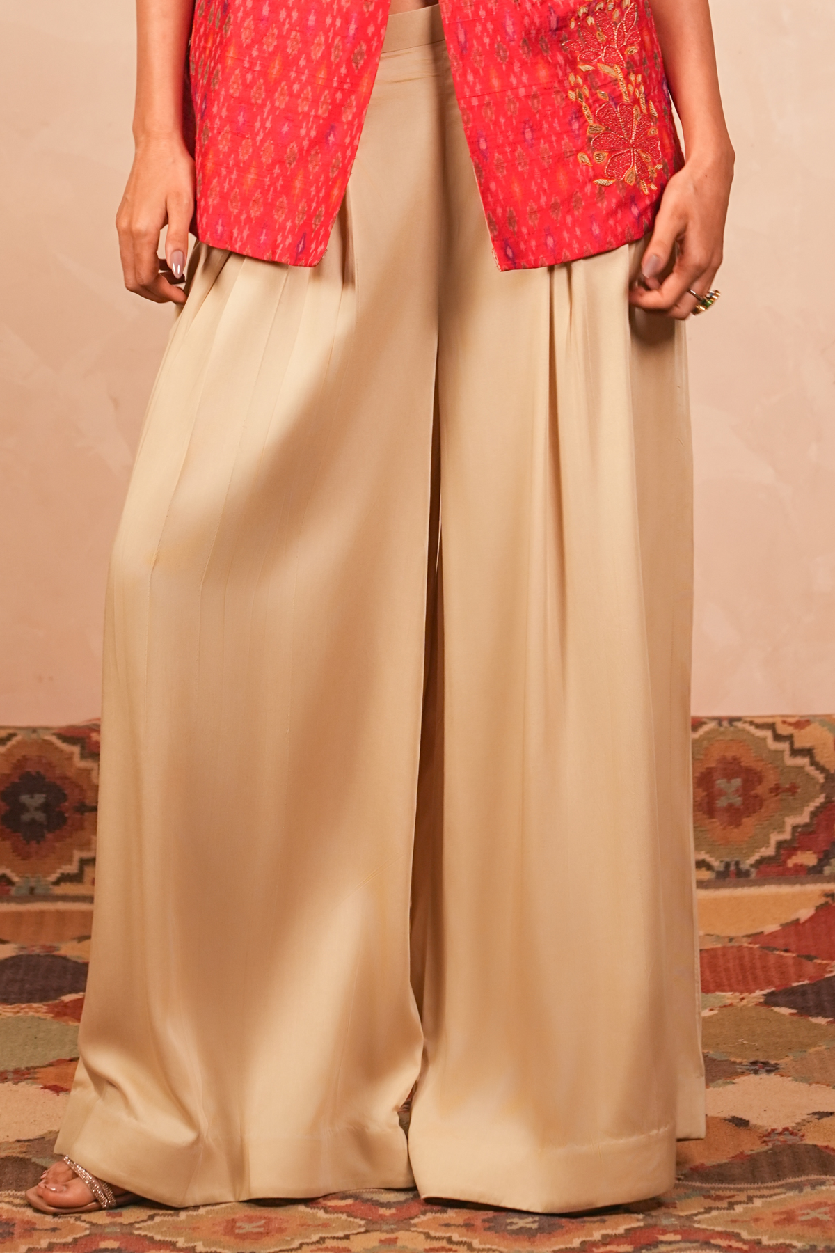 Chandni Modal Satin Flared Pants (Beige)
