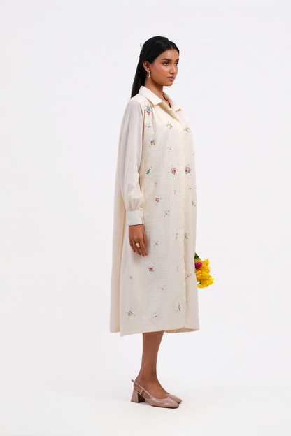 Pressed Rose Pure Mulmul Dress (Ivory)