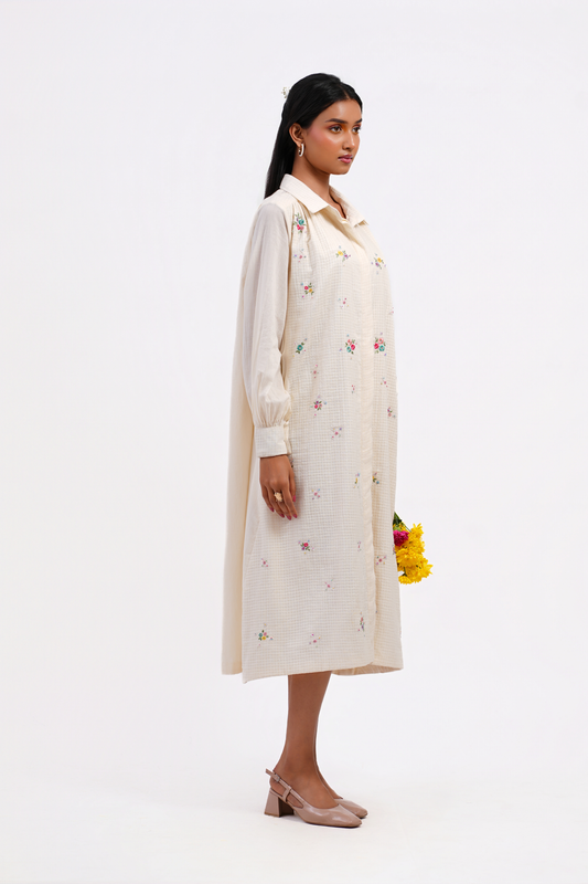 Pressed Rose Pure Mulmul Dress (Ivory)