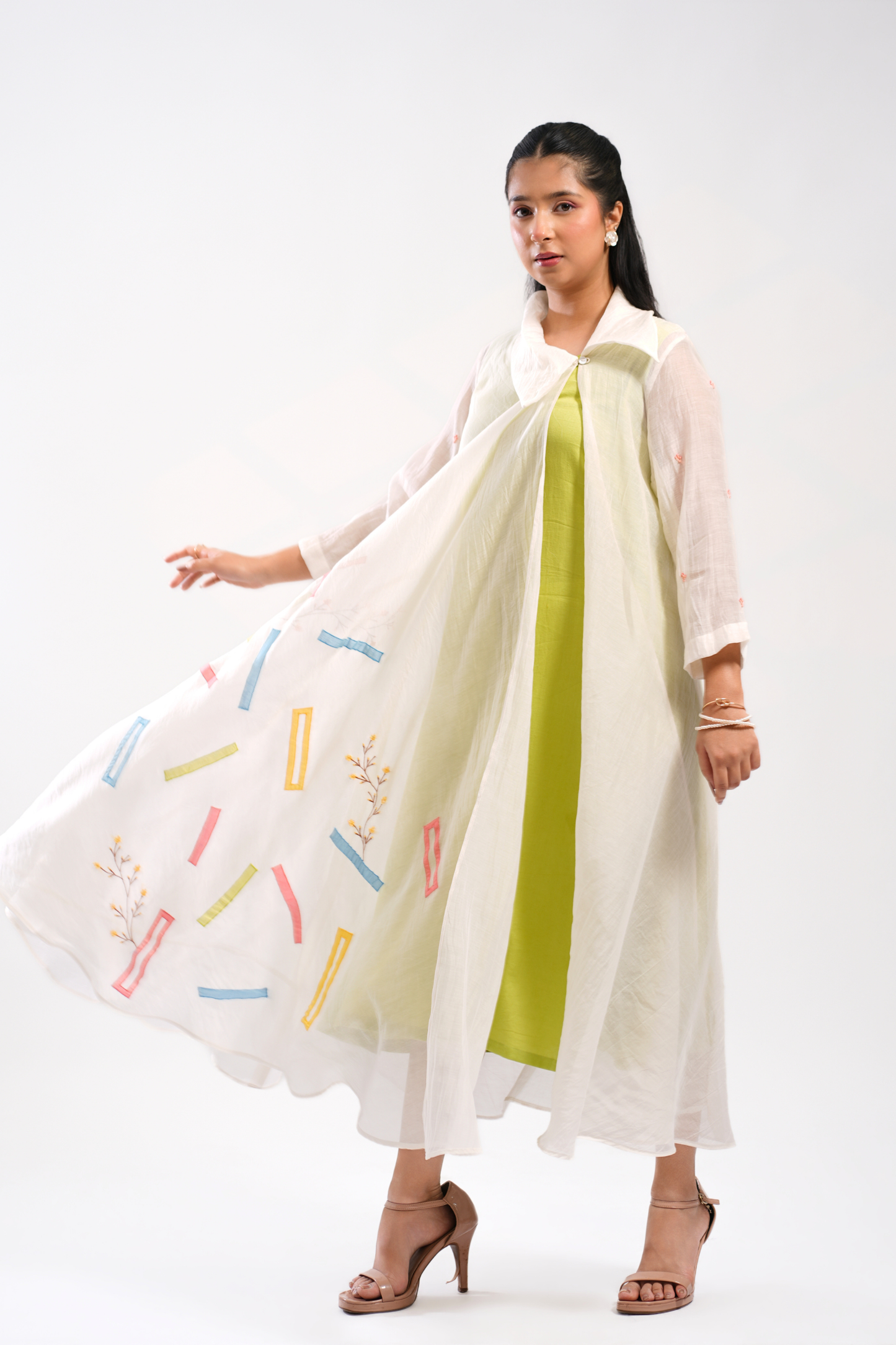 Lime Spill Mul Chanderi Dress