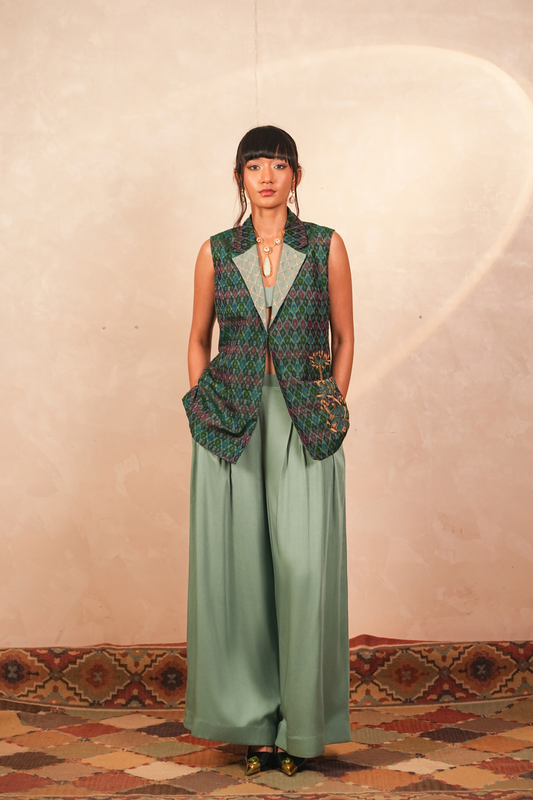 Parijaat Ikat Jacket & Pants Co-Ord Set (Teal)