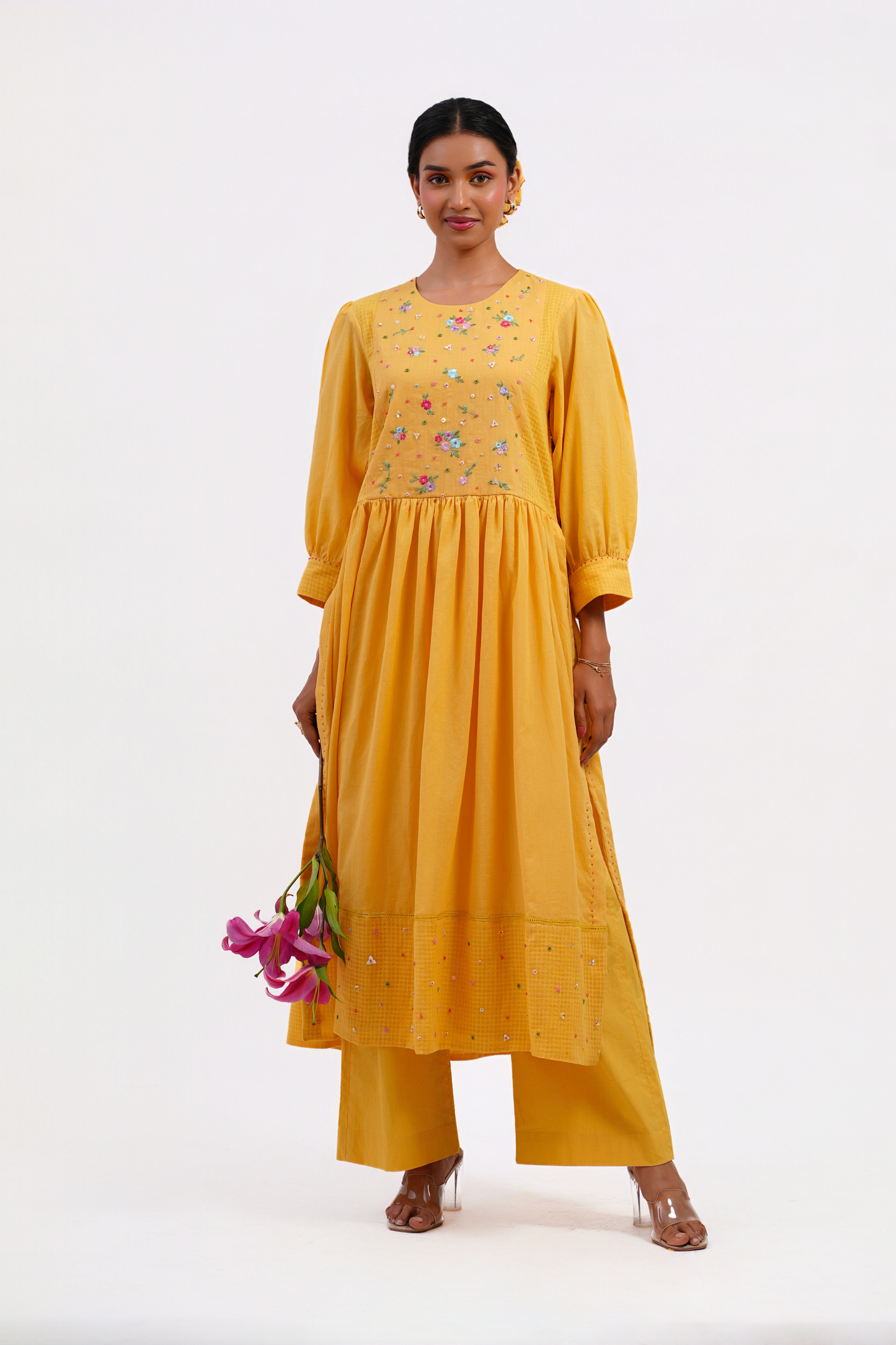Iris Pure Mulmul High Slit Kurta (Yellow)