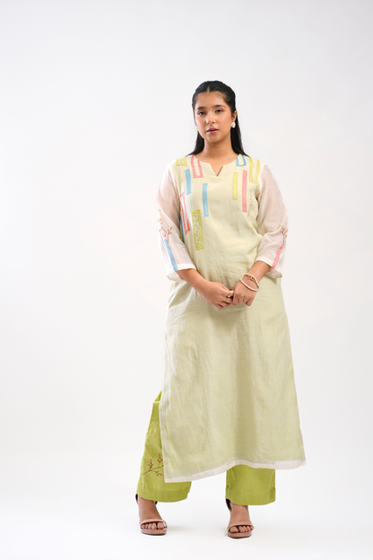 Lime Sketch Mul Chanderi Kurta