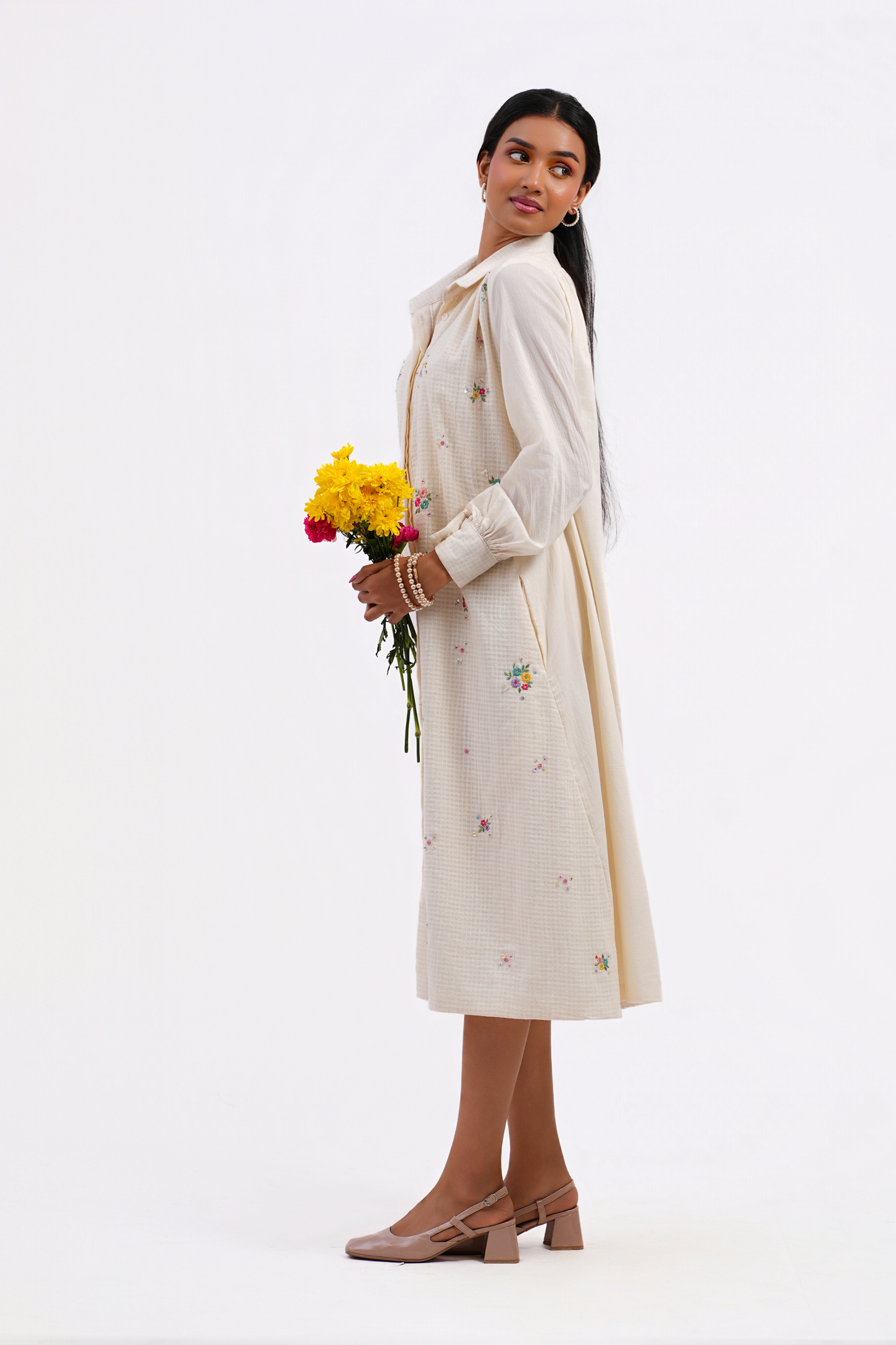 Pressed Rose Pure Mulmul Dress (Ivory)