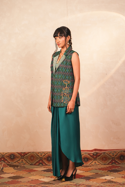 Parijaat Ikat Jacket & Drape Skirt Co-Ord Set (Teal)