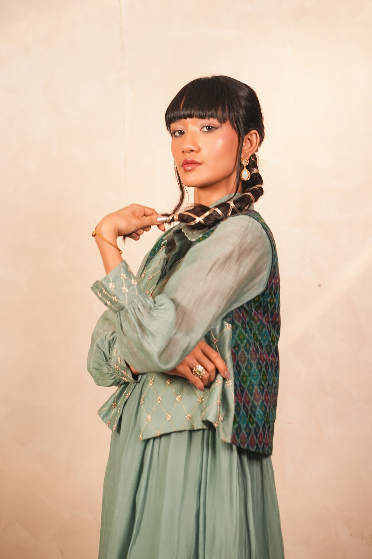 Chandni Silk Chanderi and Ikat Jacket (Teal)