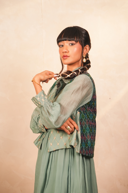 Chandni Silk Chanderi and Ikat Jacket (Teal)