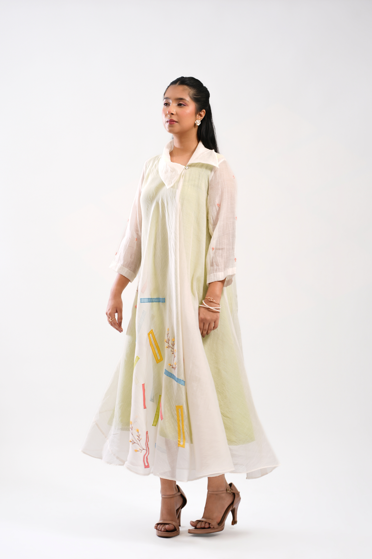 Lime Spill Mul Chanderi Dress