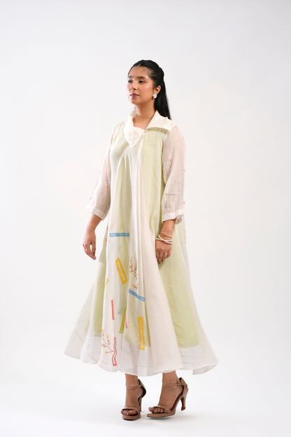 Lime Spill Mul Chanderi Dress