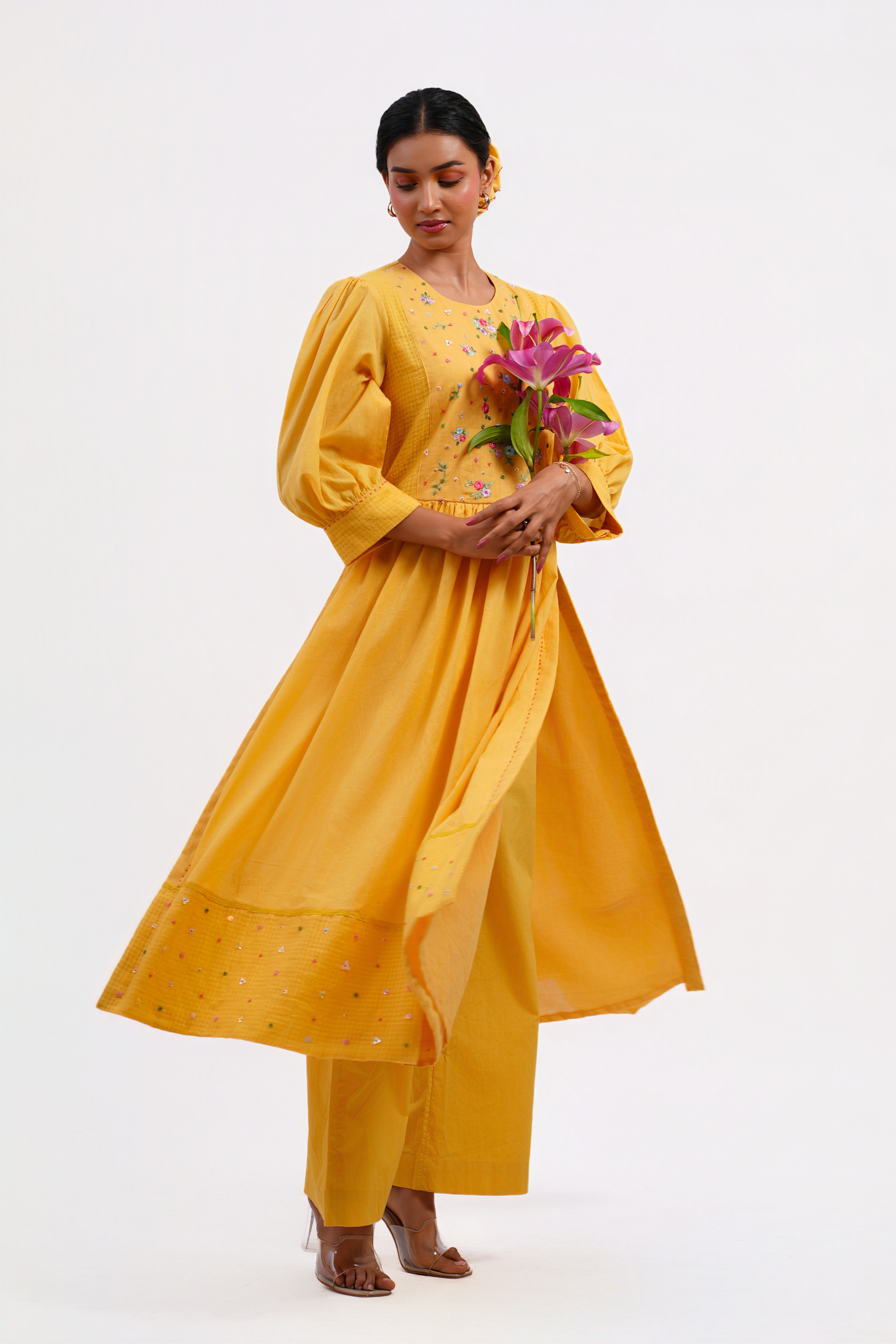 Iris Pure Mulmul High Slit Kurta (Yellow)