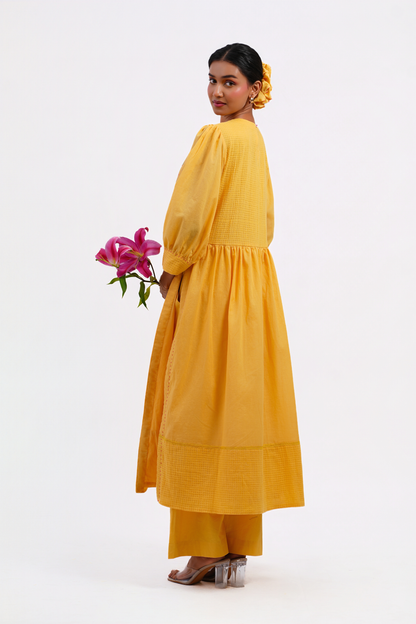 Iris Pure Mulmul High Slit Kurta (Yellow)