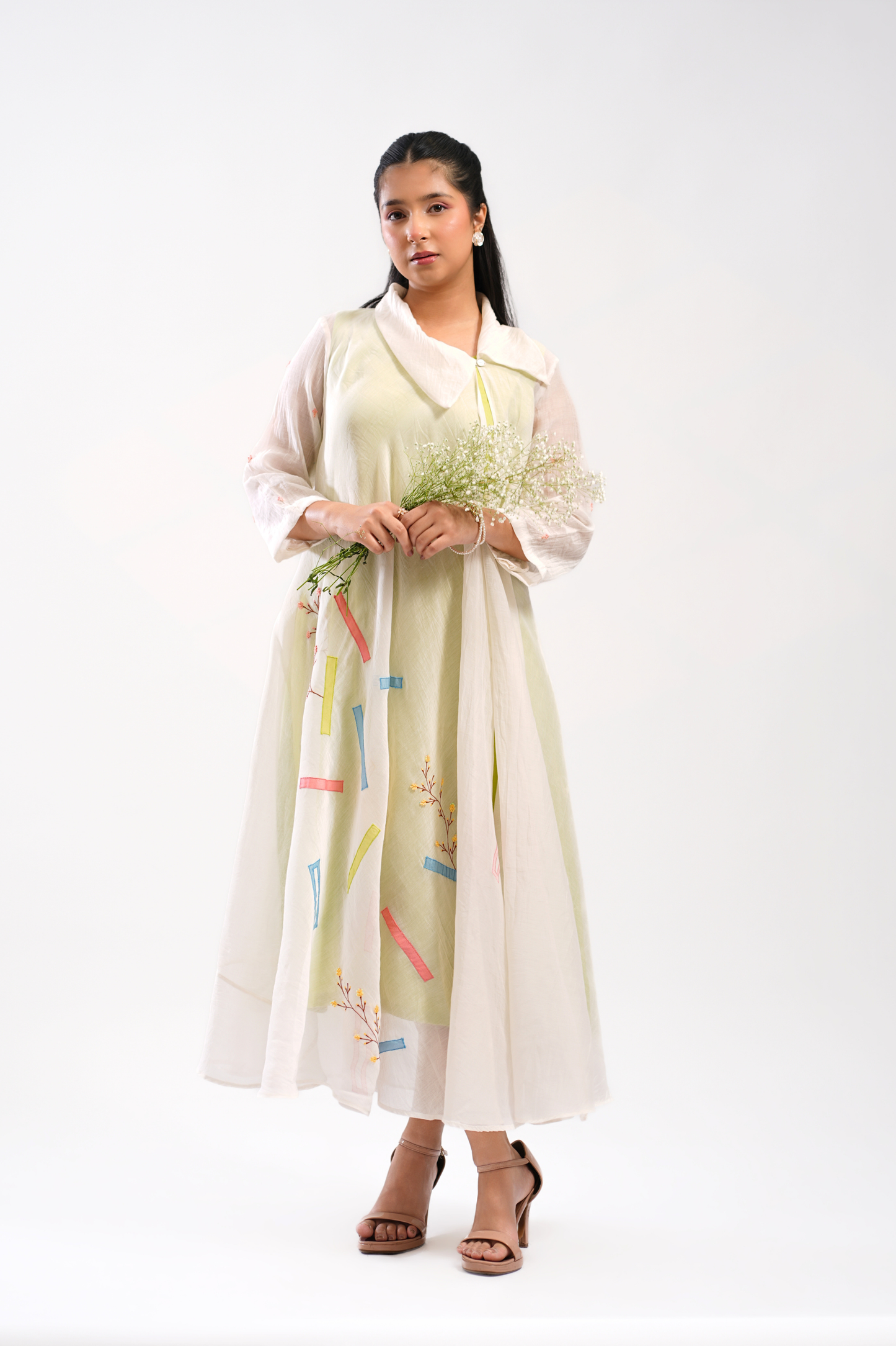 Lime Spill Mul Chanderi Dress