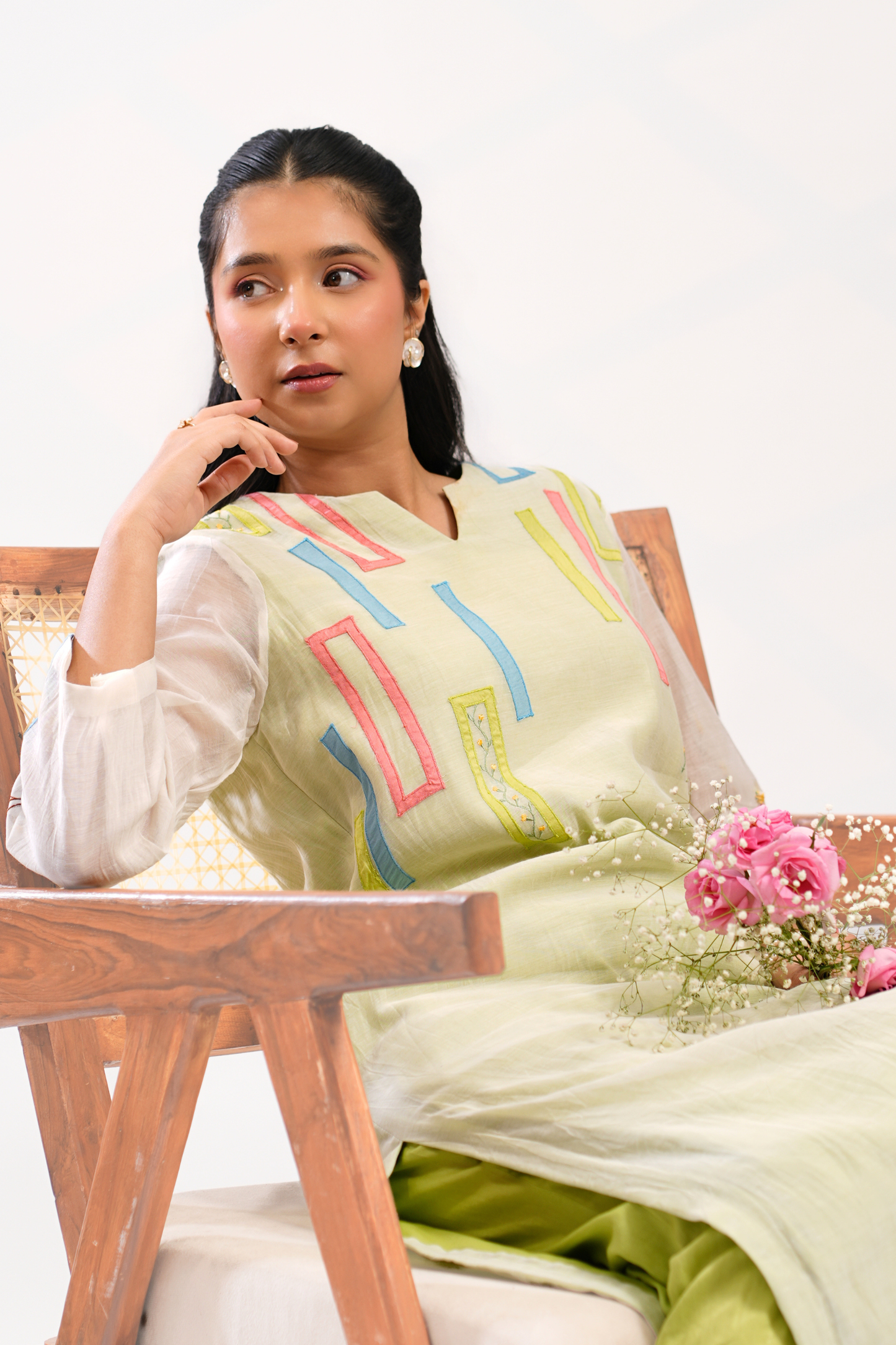 Lime Sketch Mul Chanderi Kurta