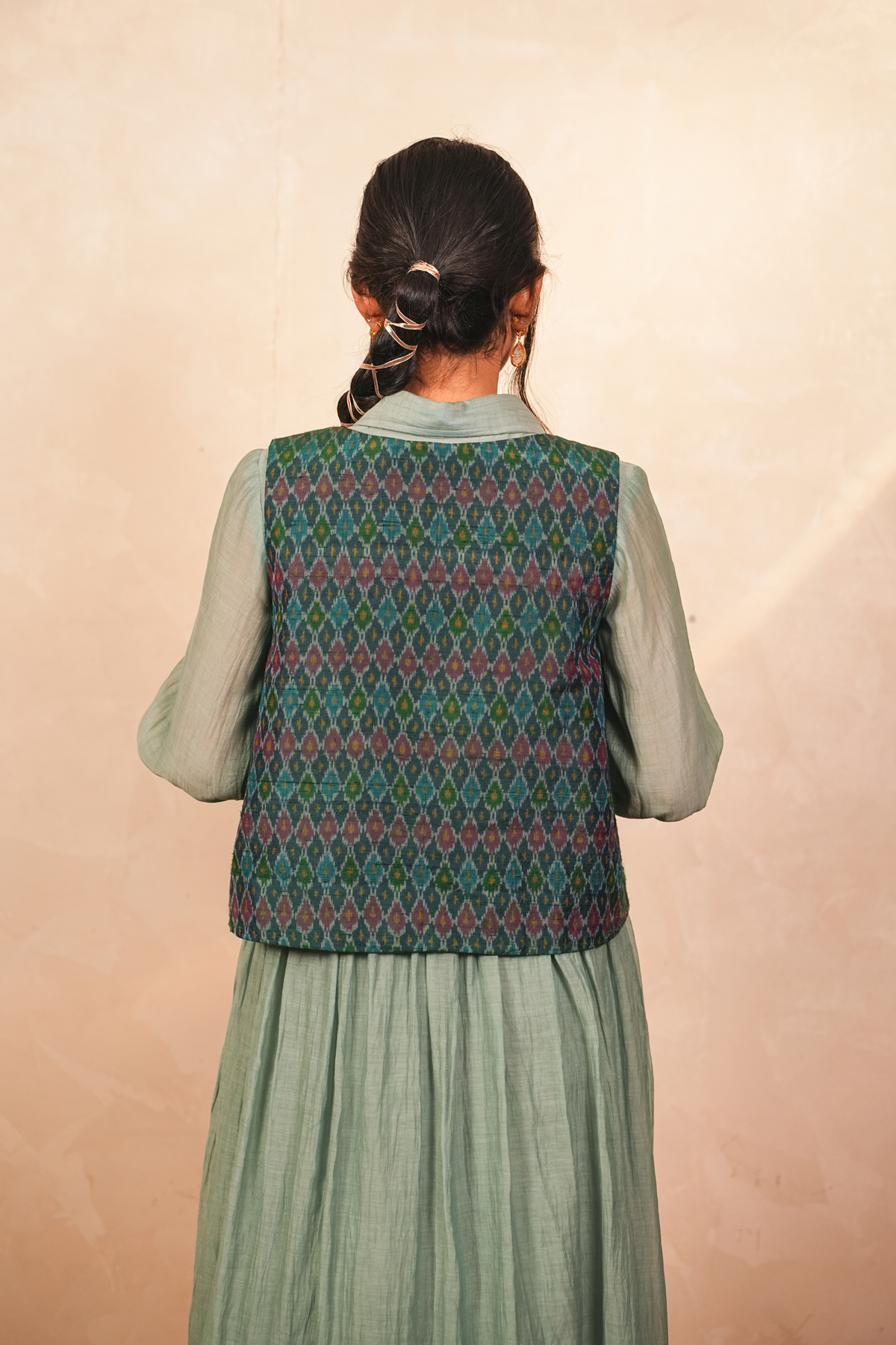Chandni Silk Chanderi and Ikat Jacket (Teal)
