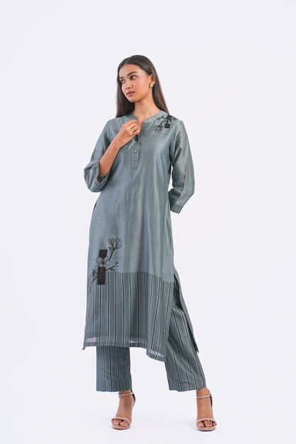 Monologue Handloom Chanderi Pants (Slate Blue)
