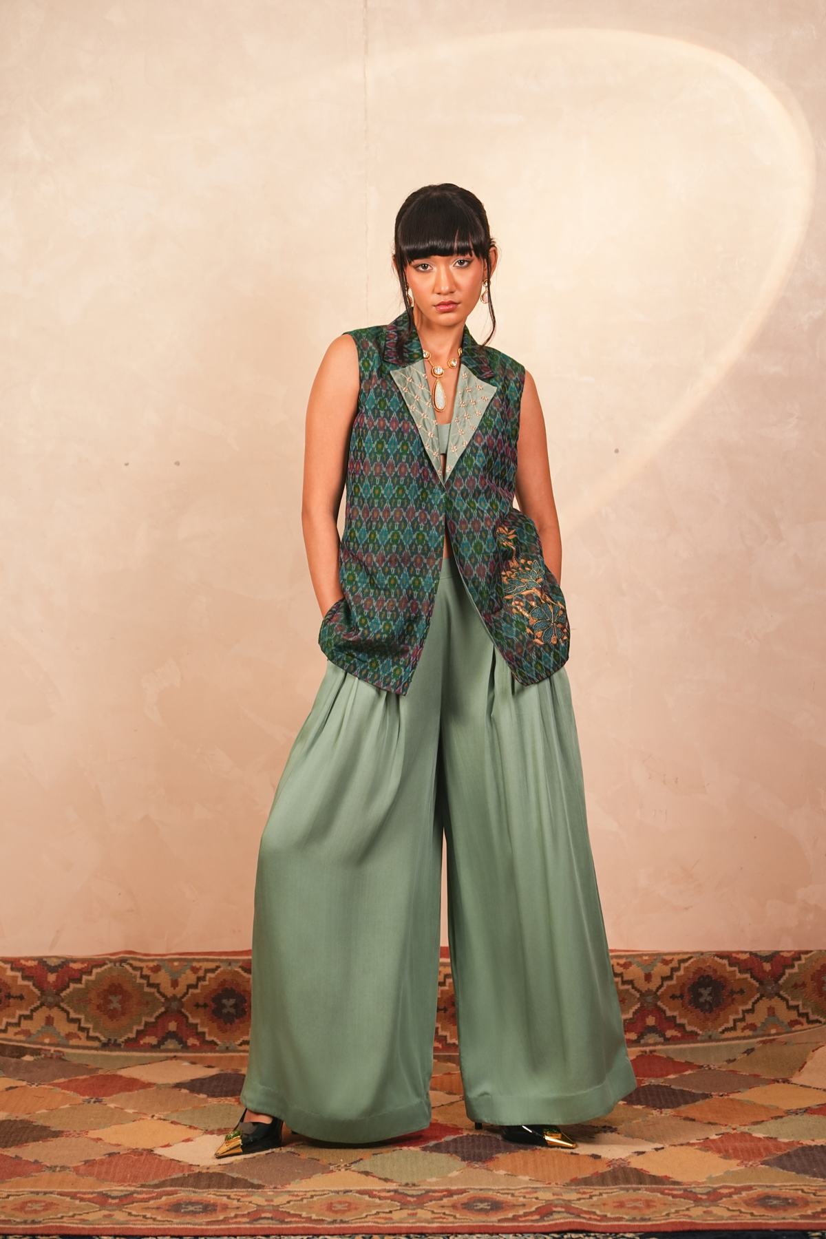 Parijaat Ikat Jacket & Pants Co-Ord Set (Teal)