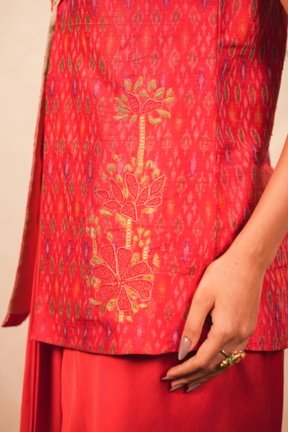 Parijaat Ikat Jacket & Drape Skirt Co-Ord Set (Red)