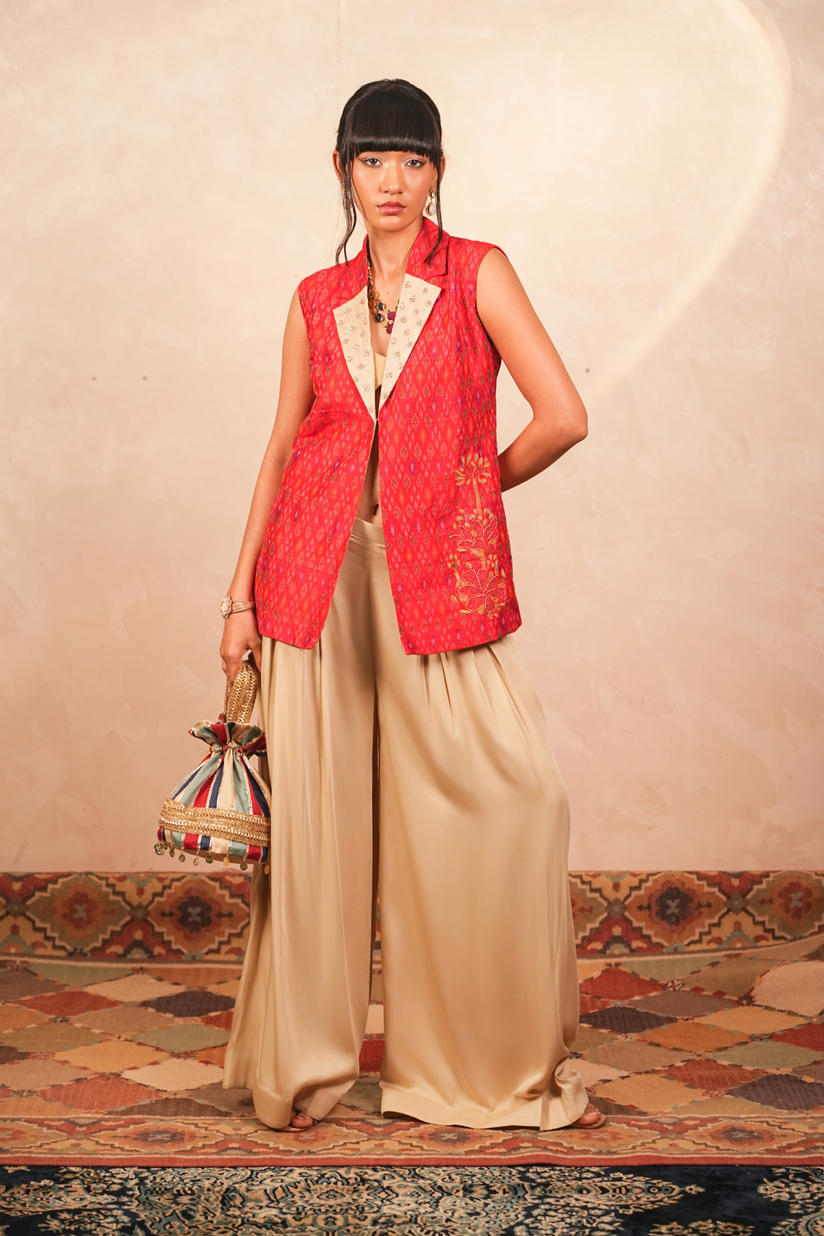 Parijaat Ikat Jacket & Pants Co-Ord Set (Red)