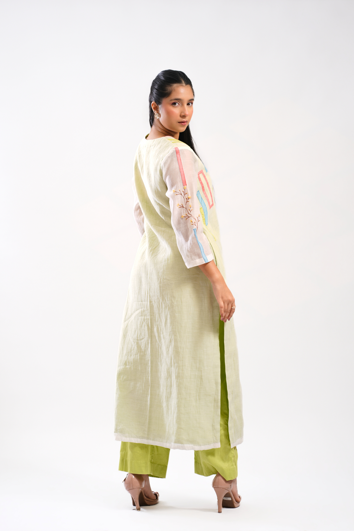 Lime Sketch Mul Chanderi Kurta