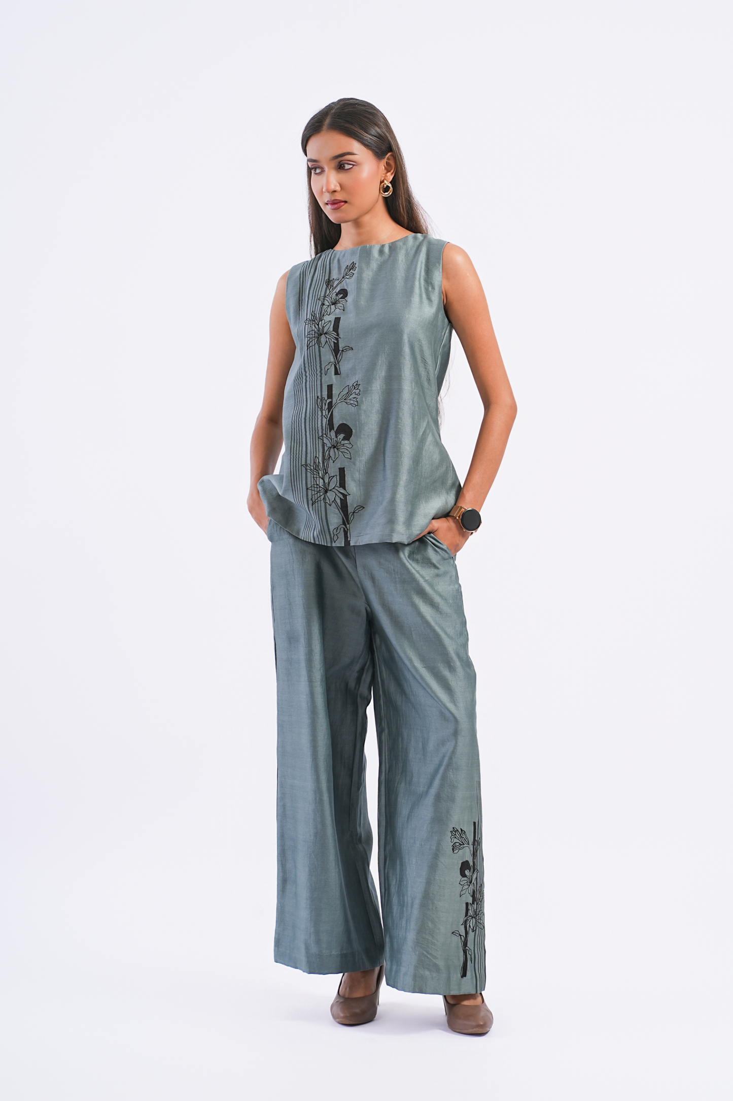 Footnote Handloom Chanderi Co-Ord Set (Slate Blue)