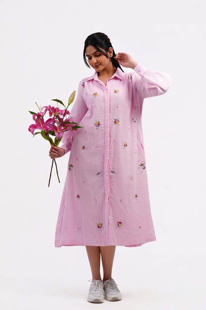Pressed Rose Pure Mulmul Dress (Pink)