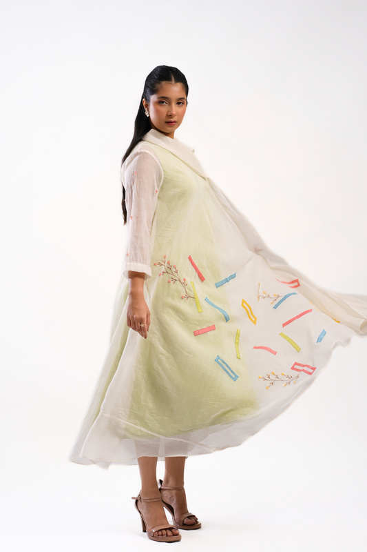 Lime Spill Mul Chanderi Dress